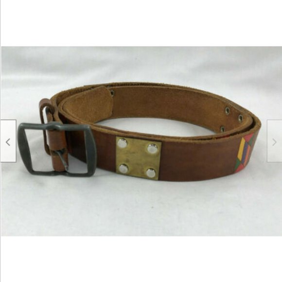 Leather Belt w/ Brass Plate Accent & Painted Design Ladies Small 35" - Picture 8 of 8